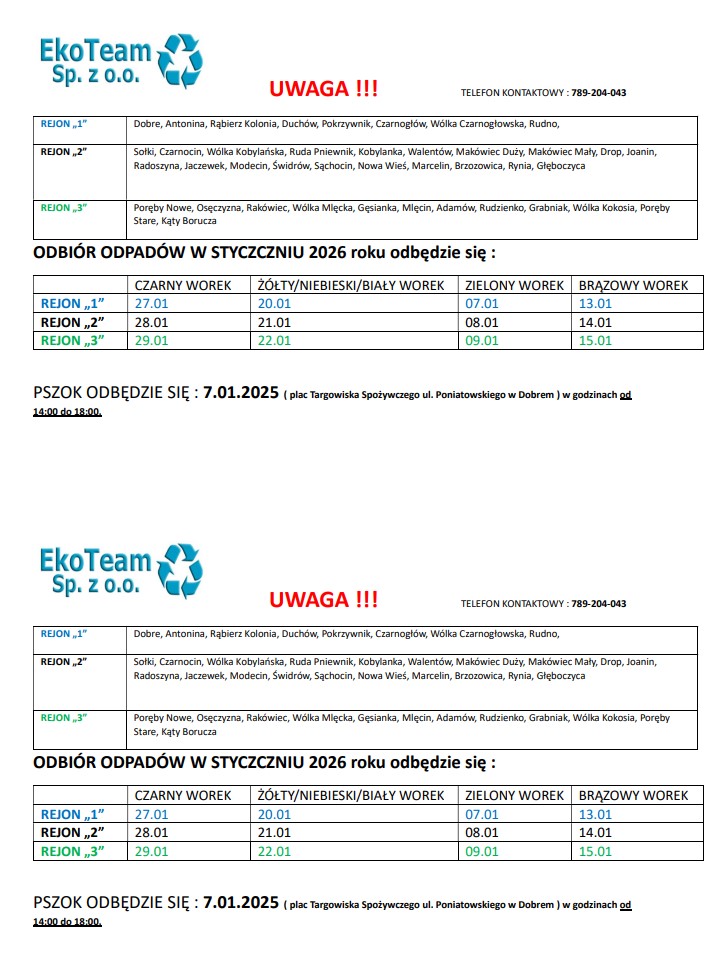 Grafika przedstawia harmonogram odbioru odpadów na styczeń 2026 dla trzech rejonów. Kolory tabeli to czarny, żółty, zielony i brązowy. Logo EkoTeam i kontakt na górze, termin PSZOK na dole.