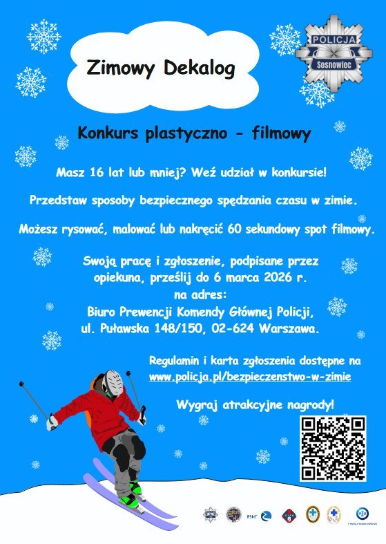 Plakat konkursu zima; na niebieskim tle białe śnieżynki, narciarz; promocja bezpieczeństwa przez policję w Sosnowcu.