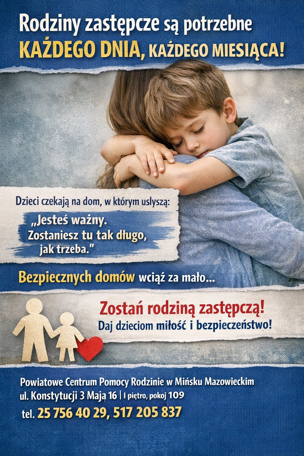 Dziecko wtula się w dorosłego na tle z napisem o potrzebie rodzin zastępczych. Kolory: niebieski i beżowy. Kontakt: PCPR Mińsk Mazowiecki.