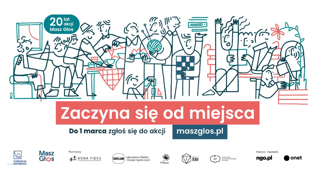 Ilustracja ludzi w prostym stylu, niebieskie kontury na białym tle. Napis „Zaczyna się od miejsca” na różowym tle. Link do strony maszglos.pl.