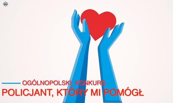 Dwie niebieskie dłonie trzymają czerwone serce na białym tle. Napis: Ogólnopolski Konkurs Policjant, Który Mi Pomógł. Minimalistyczny design.