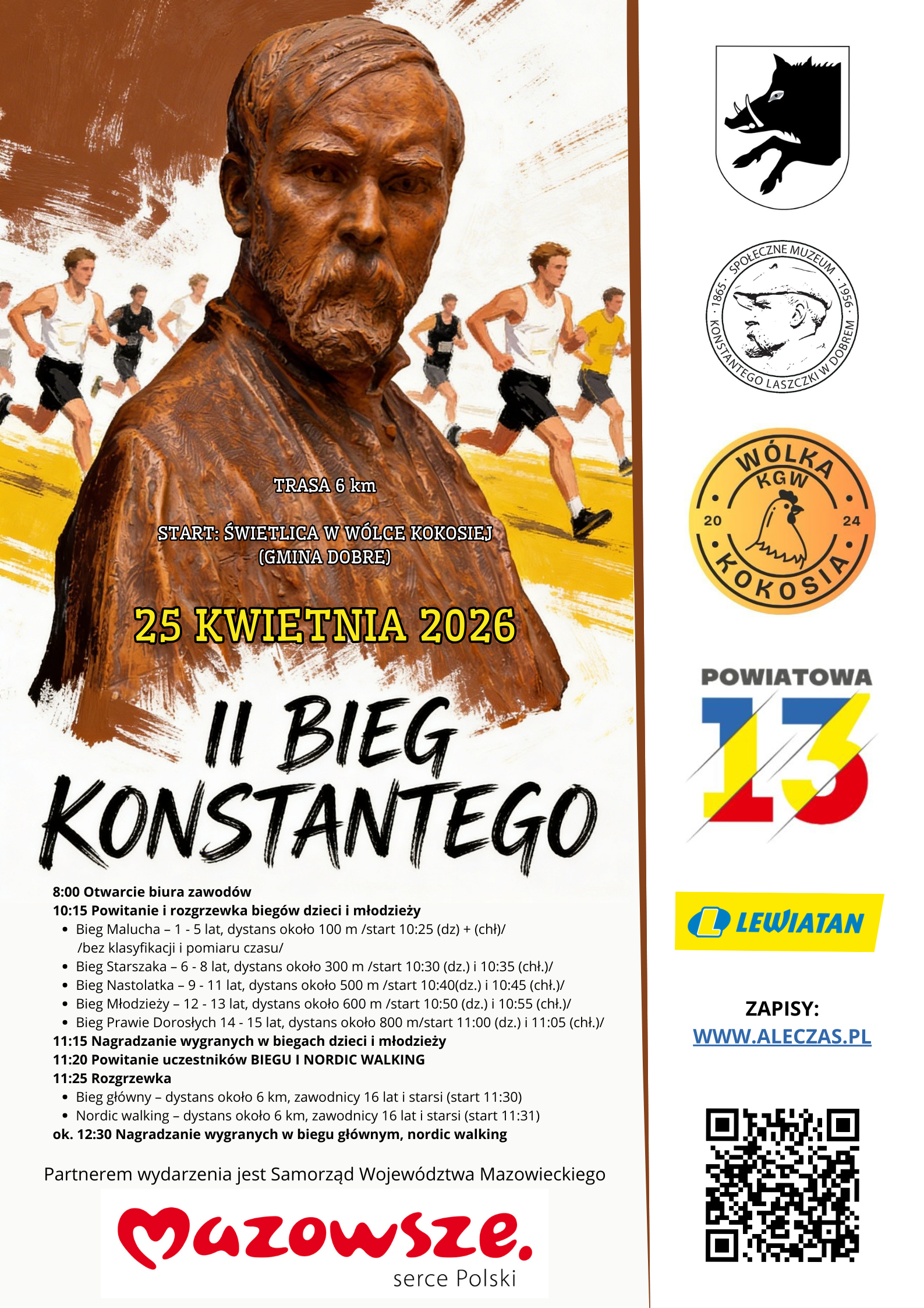 Plakat promuje II Bieg Konstantego 25 kwietnia 2026. Pokazuje brązowe popiersie mężczyzny na tle biegnących sportowców. Po prawej logotypy sponsorów oraz szczegóły wydarzenia.