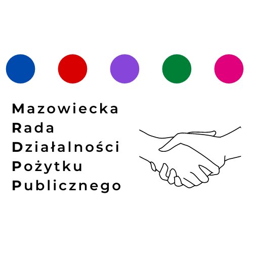 Logo Mazowieckiej Rady Działalności Pożytku Publicznego z kolorowymi kropkami. Pod logo jest czarno-biały rysunek uścisku dłoni. Tło jest białe.