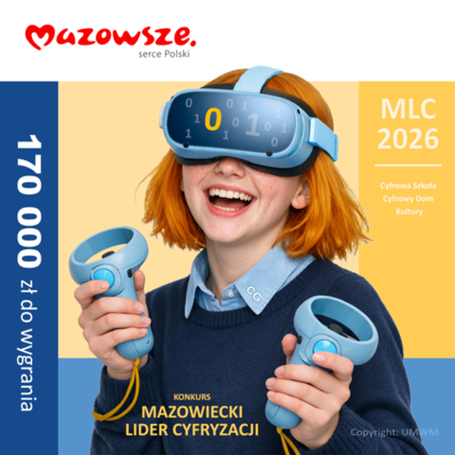 Osoba z rudymi włosami nosi niebieskie gogle VR i trzyma kontrolery. Tło jest kolorowe: białe, niebieskie i żółte. Na obrazie są detale konkursu Mazowiecki Lider Cyfryzacji.