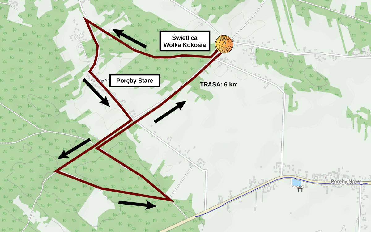 Mapa przedstawia trasę biegu o długości 6 km w okolicach Poręb Starych. Czerwone linie i strzałki wskazują kierunek. Tło jest zielone z zaznaczonymi miejscowościami i lasami.