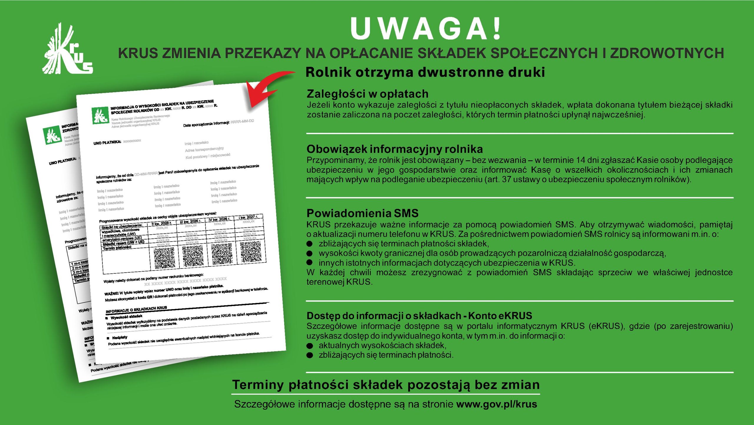 Obraz przedstawia zielony plakat informacyjny KRUS z dwoma dokumentami. Zawiera czerwony nagłówek i detale dotyczące składek. Na dole jest link do strony internetowej.