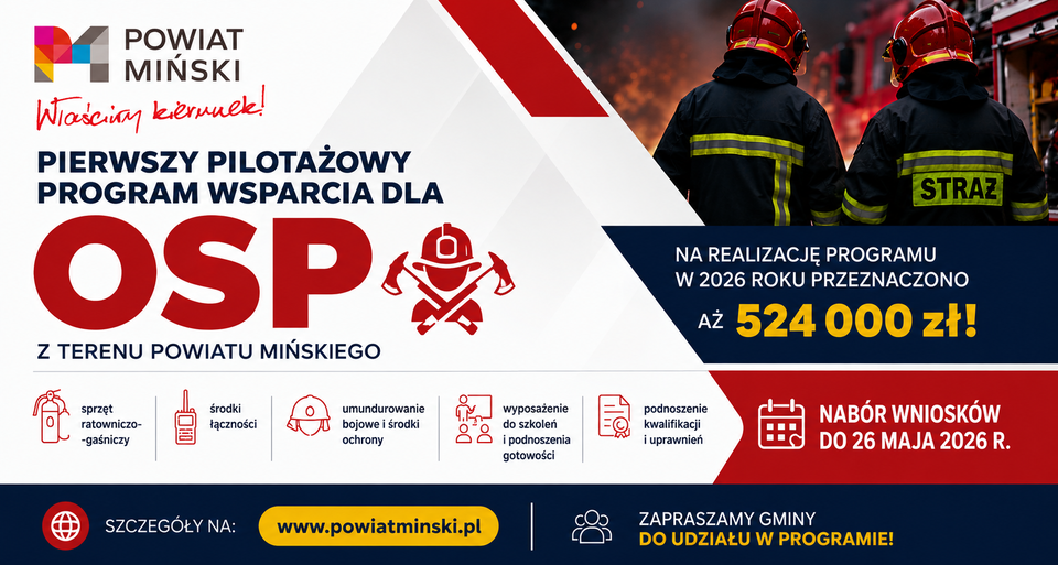 Program wsparcia OSP w Powiecie Mińskim z budżetem 524 000 zł na 2026 r. Nabór do 26.05.2026 r. Tło z dwoma strażakami.