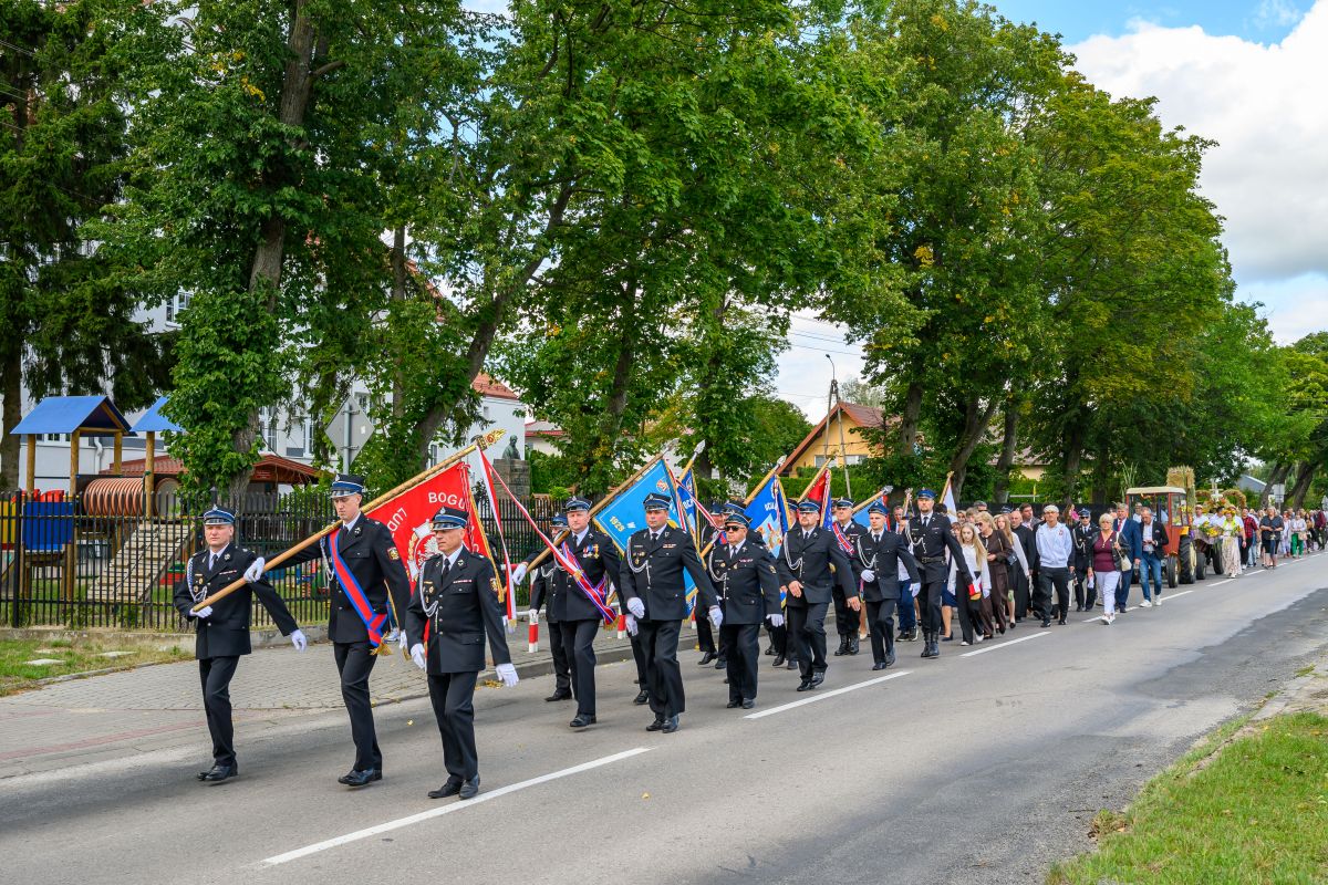 Ulicą maszeruje grupa osób w mundurach z kolorowymi flagami. W tle drzewa oraz plac zabaw. Kolory żywe, dominują zieleń i czerń.