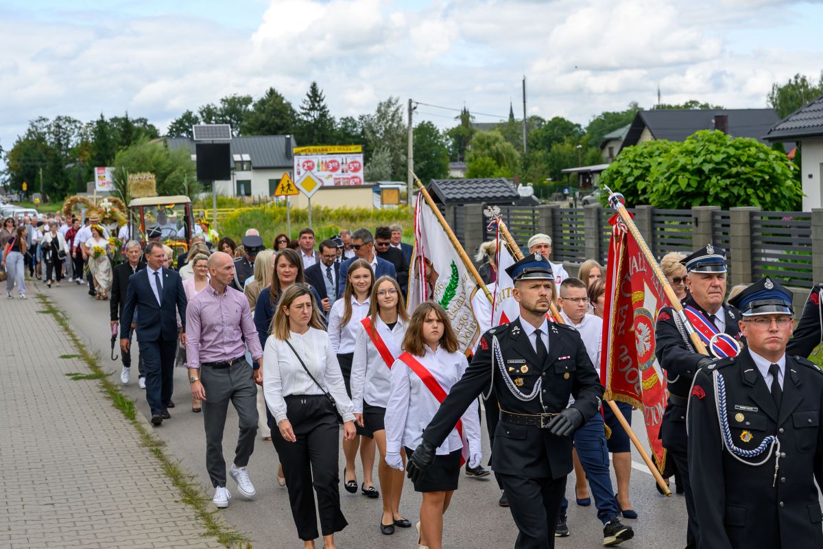 Grupa ludzi w marszu po ulicy, niektórzy z flagami. Ubrani formalnie, w tle zieleń i zabudowania. Pogoda pochmurna.
