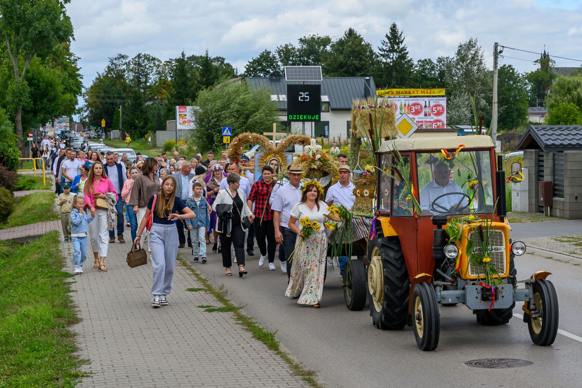 Grupa ludzi idzie ulicą obok ozdobnego traktora z wieńcem. Tło to zielone drzewa i szare niebo. Dominuje kolorowa procesja.