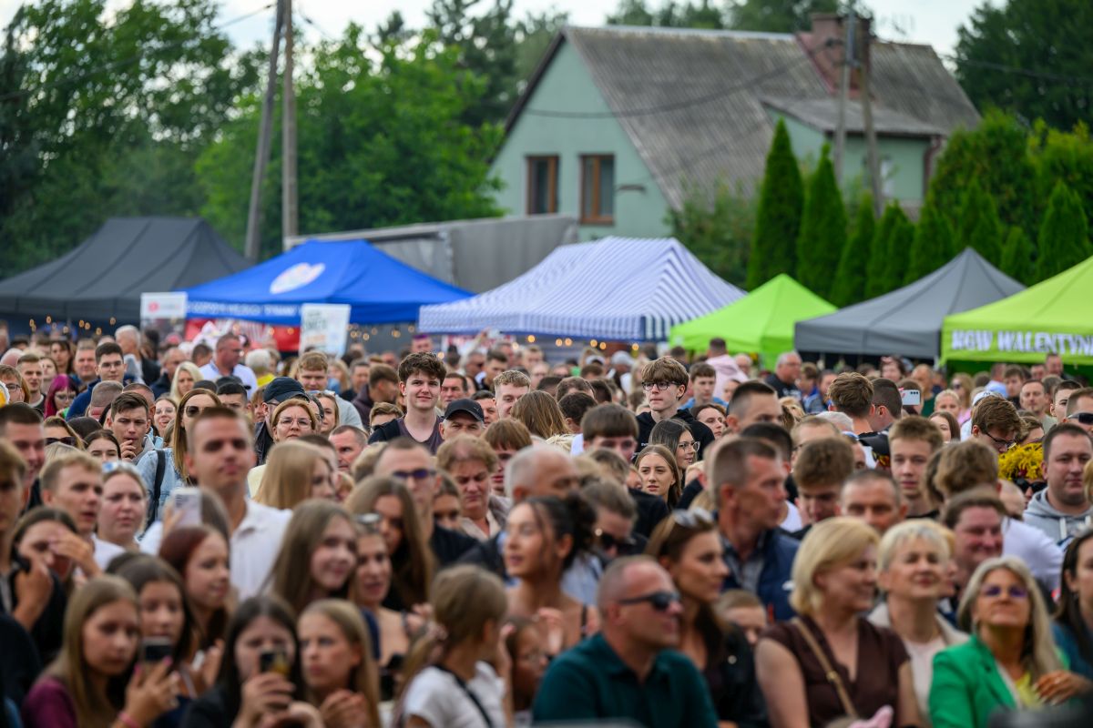 Tłum ludzi na festynie, przed kolorowymi namiotami i zielonymi drzewami. Przewaga odcieni niebieskiego i zieleni. W tle budynki.