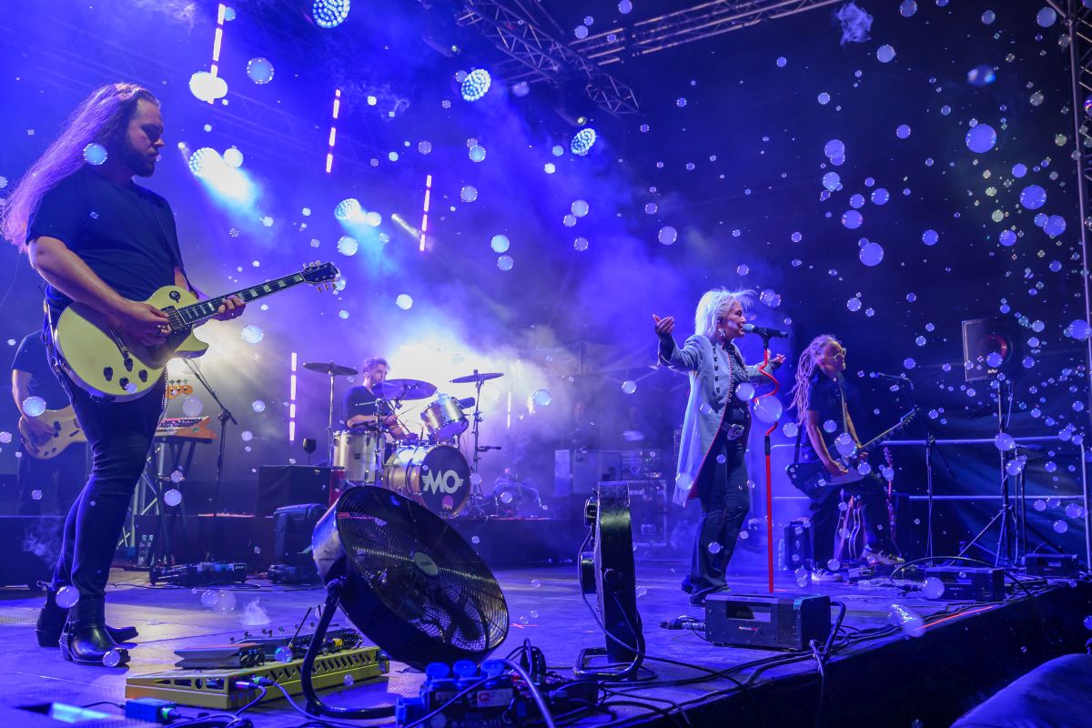 Zespół występuje na scenie przy niebieskich światłach. Muzycy grają na gitarach i perkusji, otoczeni bąbelkami. Tło jest pełne dymu i efektów świetlnych.