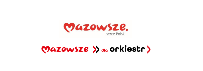Logo Mazowsza z napisem Mazowsze, serce Polski w kolorze czerwonym. Białe tło. Dodatkowy napis Mazowsze dla orkiestr.