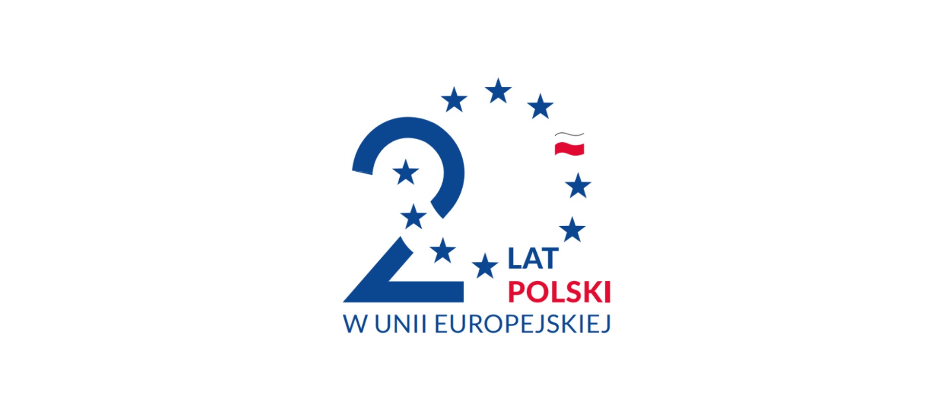 Logo z liczbą 20 otoczoną gwiazdami, biało-czerwoną flagą i napisem lat Polski w Unii Europejskiej. Kolory: niebieski, czerwony, biały. Tło białe.