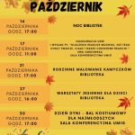 Plakat przedstawia październikowe wydarzenia kulturalne w Dobrem, na tle jesiennych liści i dyń. Główne kolory to żółty i pomarańczowy. Zawiera daty, godziny i miejsca wydarzeń.