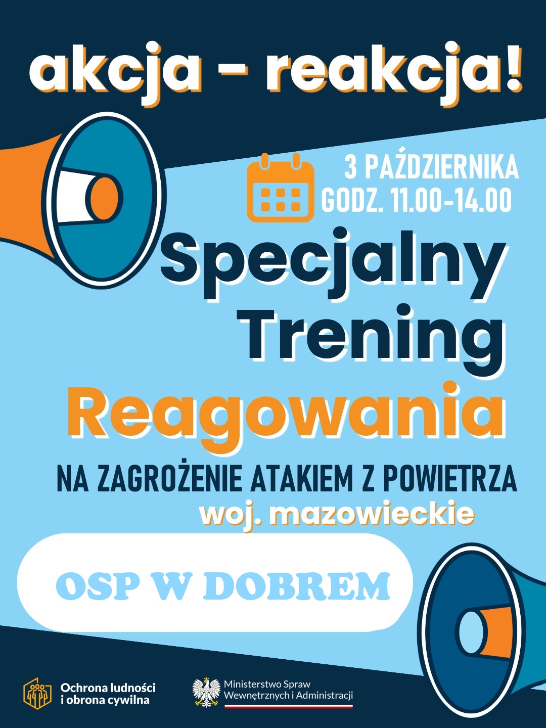 Zaproszenie na trening reagowania na zagrożenie, tło niebieskie. Data i godzina: 3 października, 11:00-14:00. Grafiki megafonów po bokach.