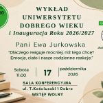 Zaproszenie na wykład z zielono-beżowym tłem i listowymi motywami. Zawiera datę 17 października 2026, wykładowczynię Ewę Jurkowską. Wstęp wolny.